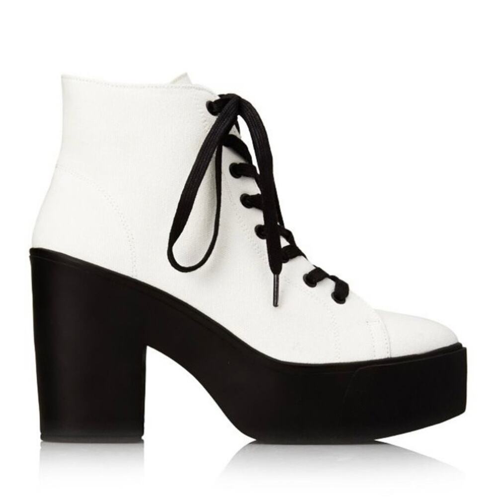Forever21 White Canvas Black Platform Lace Up Ankle Boots 6-6.5 Deadstock